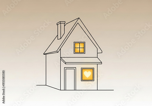 Simple house illustration with heart-shaped window glowing at night  