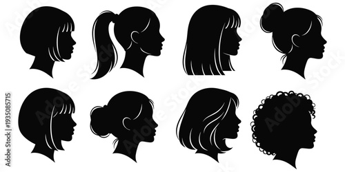 Flat vector illustration of female hairstyle silhouettes, bob ponytail bun curls wavy hair fashion design beauty styling artwork