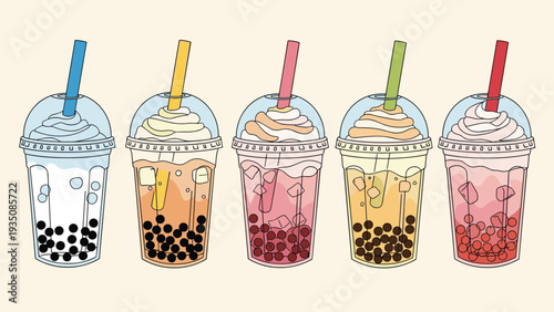 Row of five different bubble tea cups with colorful straws whipped cream and tapioca pearls in various flavors like milk and taro.
