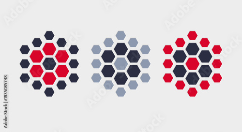 Set of dotted abstract geometric hexagonal shapes with a halftone pattern. Hexagonal halftone pattern. Vector illustration.