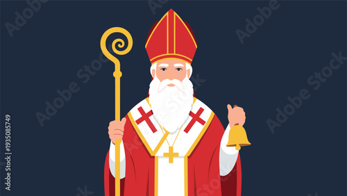 Traditional Sinterklaas character dressed in a red robe and miter holding a golden staff and a bell against a dark background.