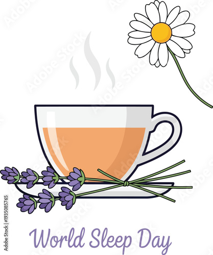 World Sleep Day Illustration with Herbal Tea Lavender and Chamomile Flower