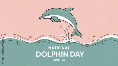 Dolphin jumping out of ocean waves illustration for national dolphin day on april 14 teal and pink colors