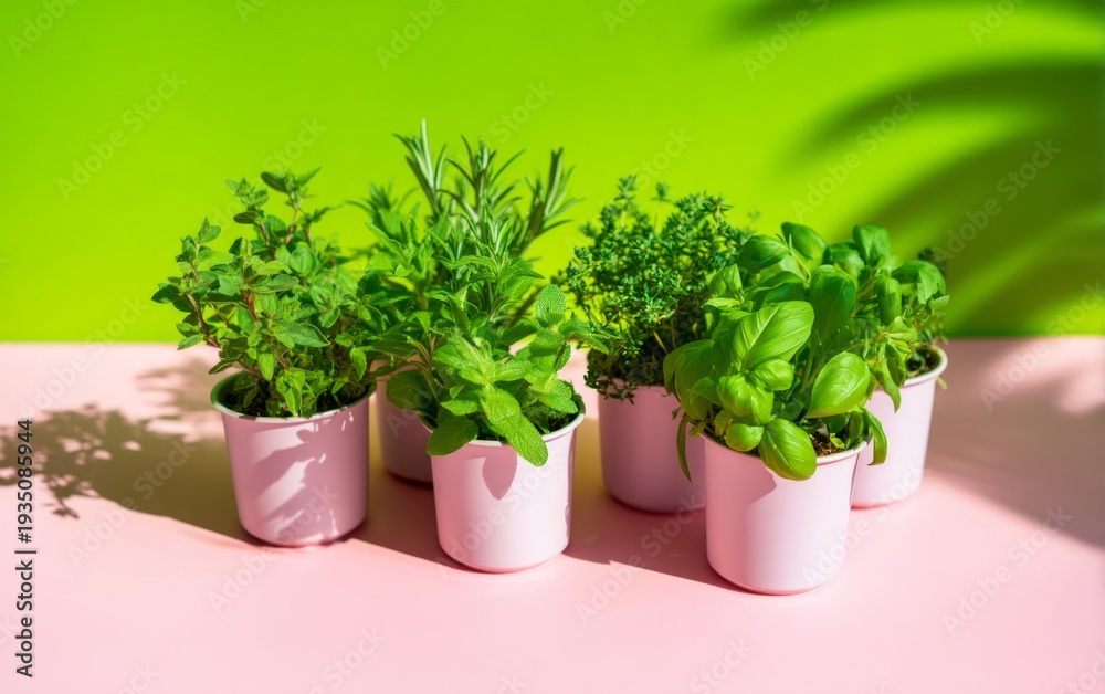 Fototapeta premium Fresh Herbs in Small Pots on Pink Stand Background