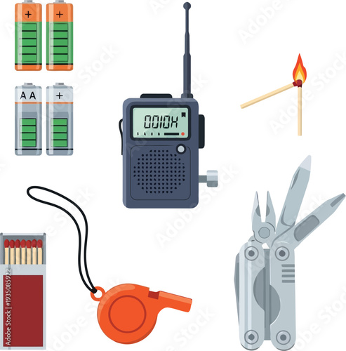 Outdoor Survival Gear with Radio Multi-tool Whistle and Matches Illustration
