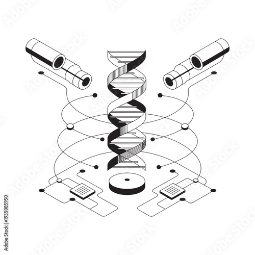 Isometric illustration depicting dna structure scientific equipment and data connections