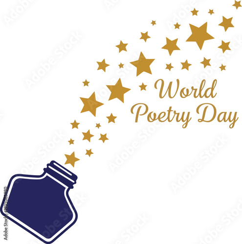 World Poetry Day Concept with Inkwell and Golden Stars Bursting Out