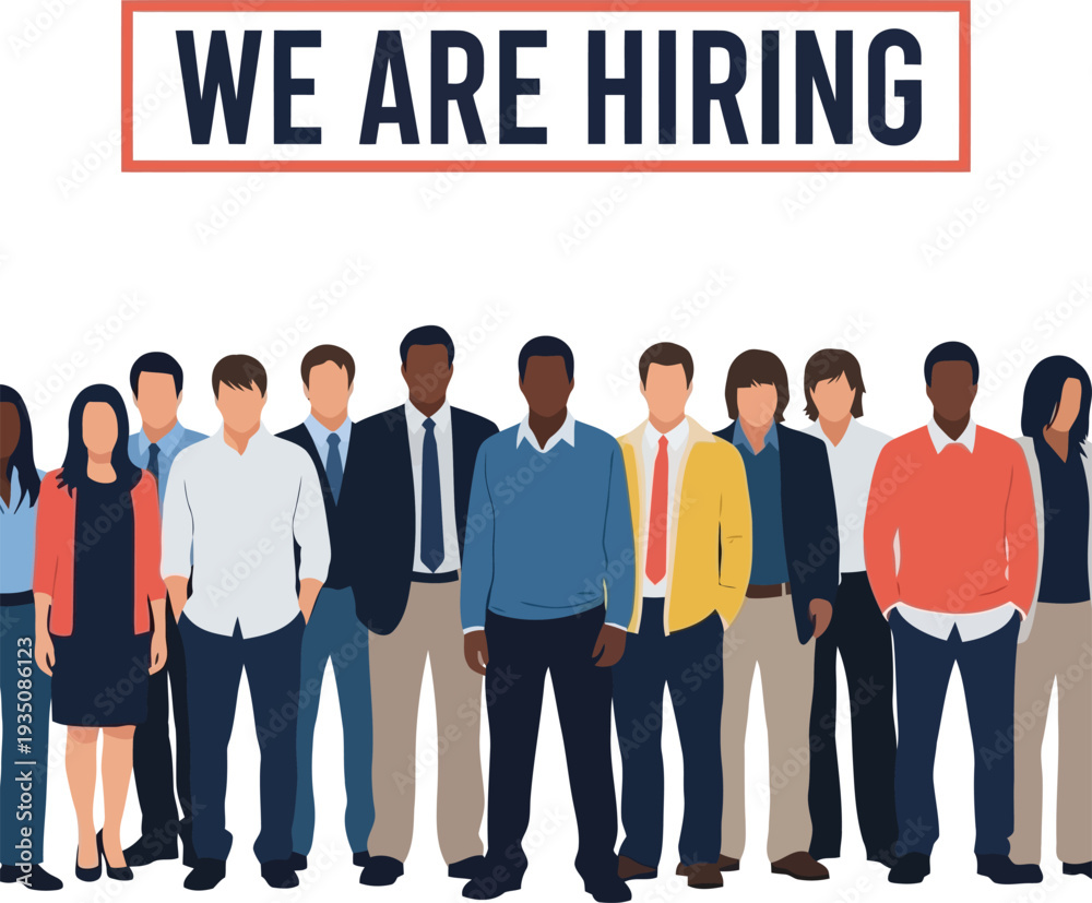 Fototapeta premium Diverse business professional team standing together under we are hiring banner for recruitment and employment