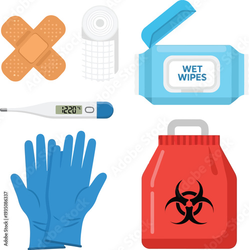 First Aid Supplies Set with Bandages Thermometer and Biohazard Disposal Bag