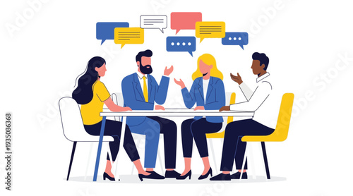 Diverse group of business professionals engaged in a meeting with speech bubbles