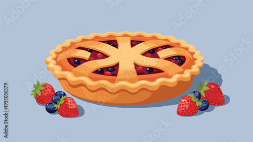 Delicious berry pie with a golden lattice crust surrounded by fresh strawberries and blueberries on a soft blue background.
