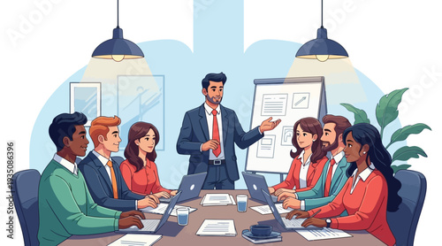 A diverse group of business professionals engaged in a meeting with a presentation