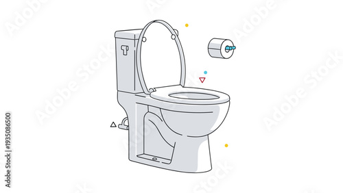 Classic white ceramic toilet with an open lid and a floating roll of toilet paper in a clean minimalist vector illustration style.