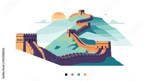 Great Wall of China winding through green mountains during a sunset in a stylized flat vector landscape illustration.