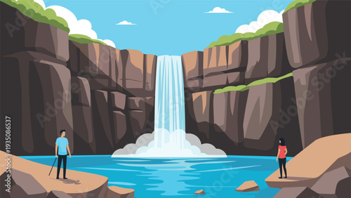 Two travelers standing on opposite sides of a powerful waterfall cascading into a blue lagoon surrounded by tall rocky cliffs.
