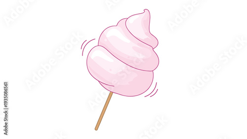 Sweet pink cotton candy swirl on a wooden stick depicted in a simple and charming cartoon illustration on a plain white background.