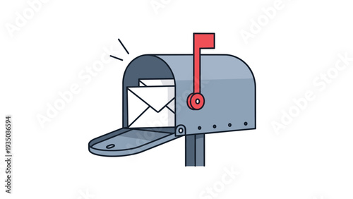 Blue metal mailbox standing open with several white envelopes inside indicating the arrival of new mail and letters.