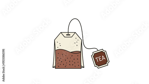Simple tea bag with a brown liquid visible inside and a tag labeled tea hanging from a string against a clean white background.
