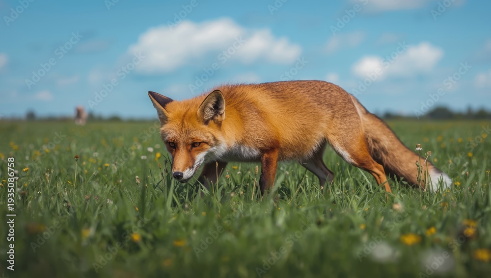Fototapeta premium Red Fox stalking and hiding in grass