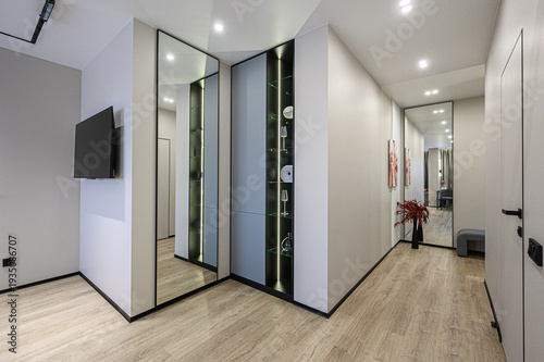 A modern hallway with light wood flooring, mirrored wardrobe, glass display shelves with backlighting, wall-mounted TV, decorative plant, and recessed ceiling lights