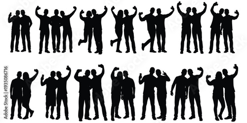 Flat vector illustration of selfie silhouettes, pairs of people posing with smartphones, social media culture interaction photography artwork design