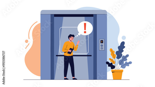 Worried man trapped inside a stuck elevator with an exclamation mark in a speech bubble representing a sudden malfunction.