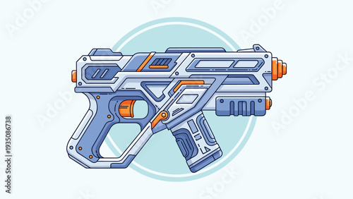 High tech futuristic sci-fi blaster gun with blue and orange accents shown against a light circular background element.