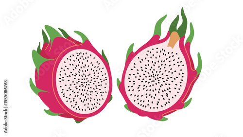 Two vibrant pink dragon fruit halves with white flesh and black seeds depicted in a clean and colorful flat vector style.