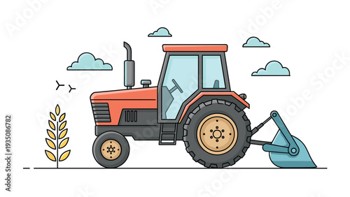 Red farm tractor with a front loader attachment driving in a field under a cloudy sky in a simple line art illustration.