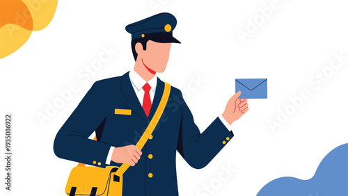 Mail carrier in a professional blue uniform and cap delivering a blue envelope while carrying a yellow mail bag.