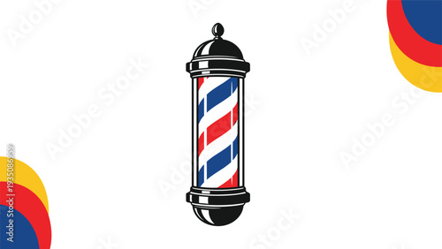Traditional barber pole with red, white, and blue stripes isolated on a white background with abstract corner shapes.