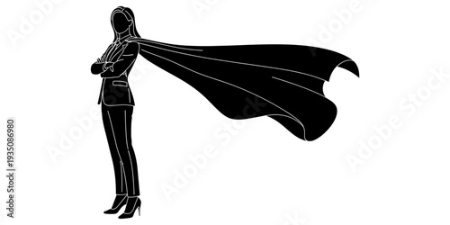 Flat vector illustration of superhero businesswoman silhouette, confident professional in suit with cape, empowerment leadership strength workplace design
