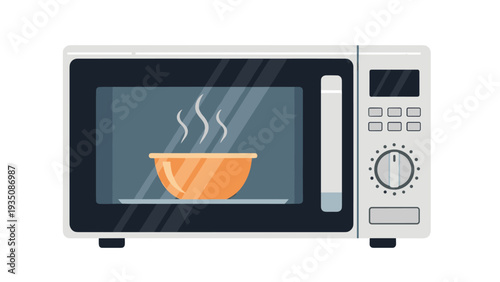 Modern silver microwave oven with a bowl of steaming food inside visible through the glass door during a heating cycle.