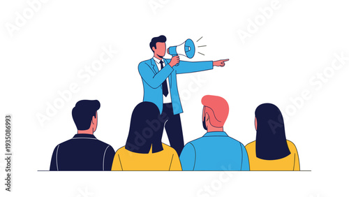 Confident businessman in a blue suit speaking into a megaphone and pointing while addressing a group of people.