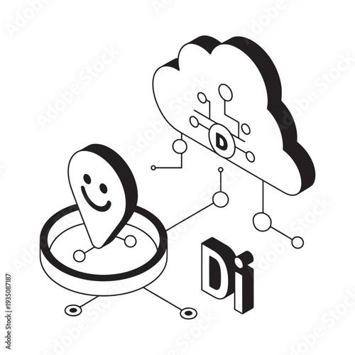 Isometric illustration of a smiling disk connected to a cloud via circuitry