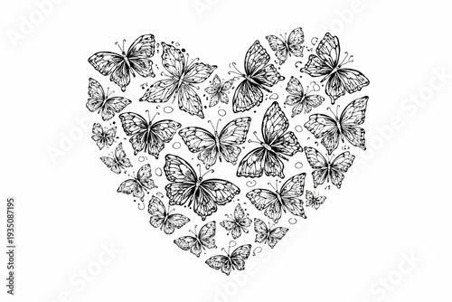 A heart shape formed by multiple butterflies flying together in a beautiful illustration