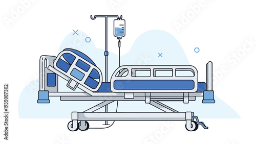 Modern adjustable medical hospital bed with a blue mattress and an IV drip stand with subtle abstract shapes in the background.