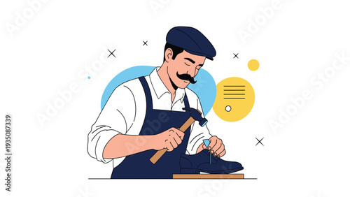 Professional shoemaker with a mustache wearing an apron and cap while repairing a leather shoe with a small metal hammer.