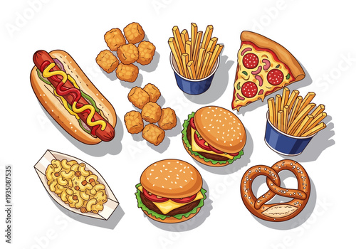 Colorful illustration of fast food items.