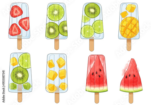 Colorful fruit popsicles on sticks.