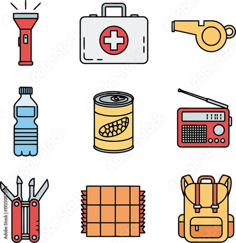 Essential Emergency Kit Icons Set with Flashlight, First Aid, Water, Food, Radio, Tools, and Backpack