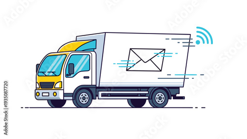 Modern delivery truck in white and yellow with a wireless signal icon and envelope symbol for fast and reliable shipping service.