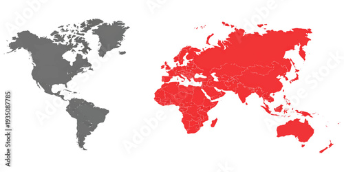 A red world map illustration featuring a global vector design of earth's continents from America to Asia and Europe, showcasing a stylized geography of the planet for travel and business atlas