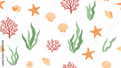 Seamless repeating pattern of vibrant sea coral, seaweed, and starfish creates a beautiful tropical underwater theme.