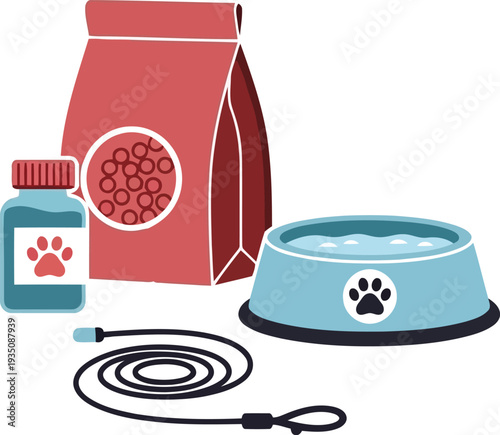 Pet food and accessories set with bowl, leash, kibble bag, and supplement bottle vector illustration