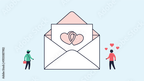Giant envelope containing a card with interlocking hearts is delivered by small characters in a romantic scene.