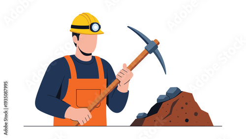 Hardworking miner wearing a safety helmet with a lamp uses a pickaxe to extract coal or ore from a rock pile.