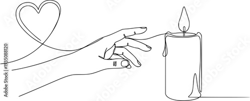 a minimalist continuous line drawing of a candle with a flame, a heart on the left and a hand on the right, on a white background
