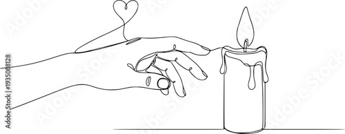 a minimalist continuous line drawing of a candle with a flame, a heart on the left and a hand on the right, on a white background
