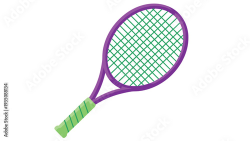 Professional tennis racket with a purple frame and green grip is angled against a clean white backdrop for isolation.